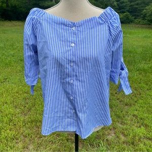 HAUTE PROJECT LOS ANGELES TOP BLOUSE BLUE WHITE ON OFF SHOULDER BUTTONS SIZE M